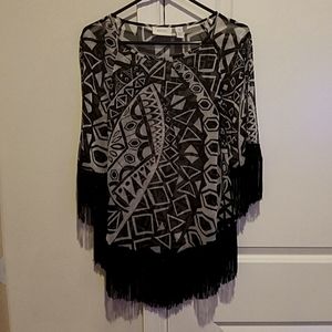 Chico's long sleeve black and white blouse with fringe